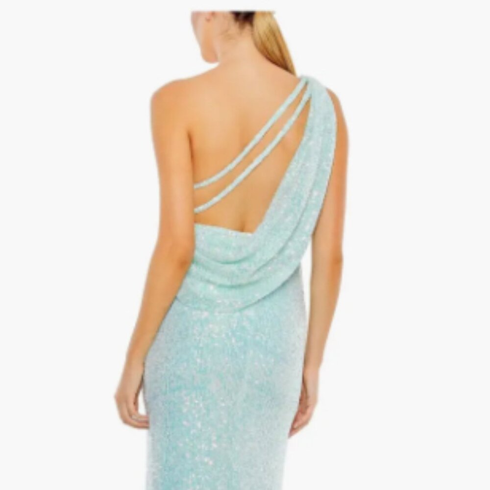 MAC DUGGAL IEENA FOR MAC DUGGAL SEQUINED ONE SHOULDER DRAPED BACK GOWN ICE BLUE - Picture 3 of 15